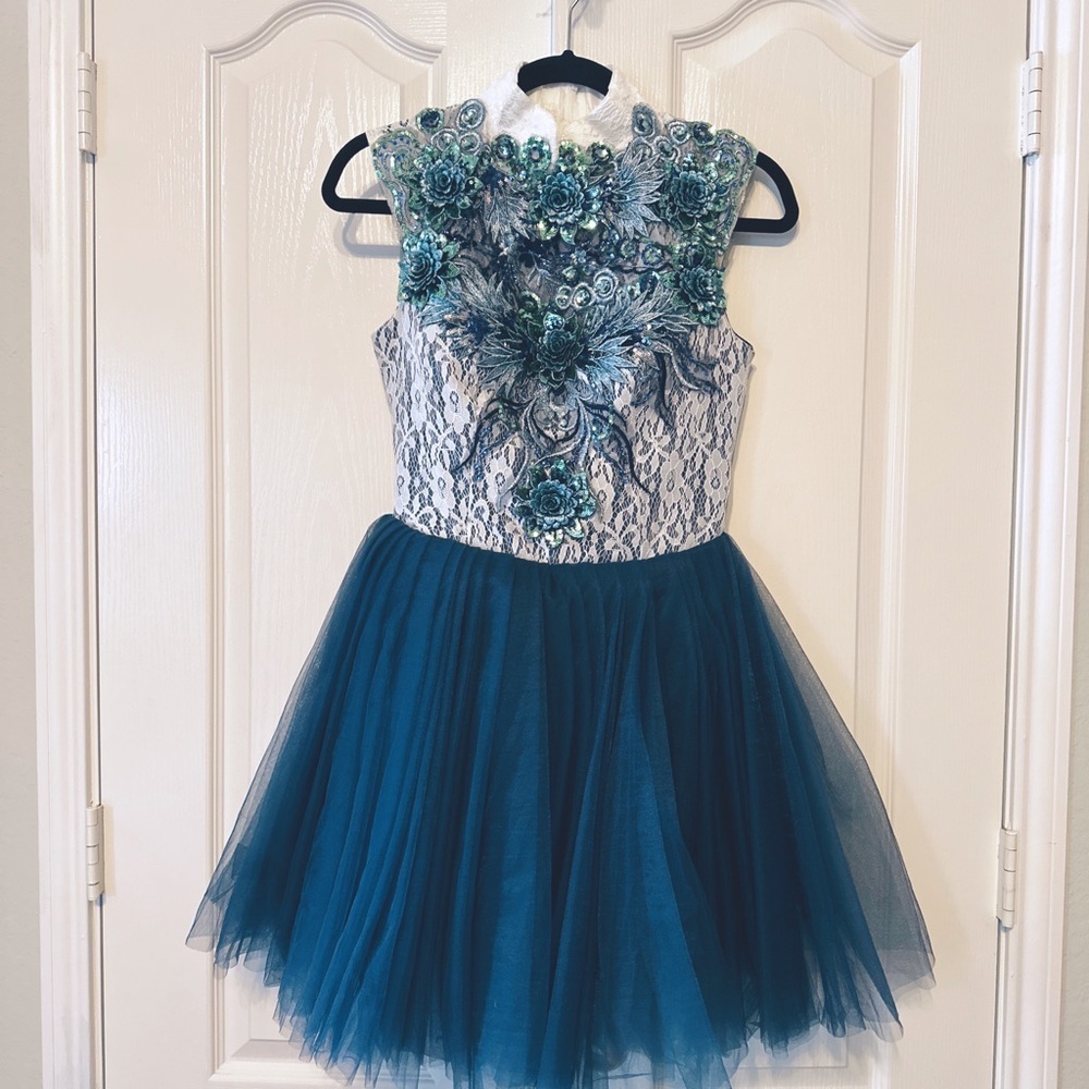 QQC Bridal Woman’s Prom Midi Tulle Dress US 4 Blue with rhinestones